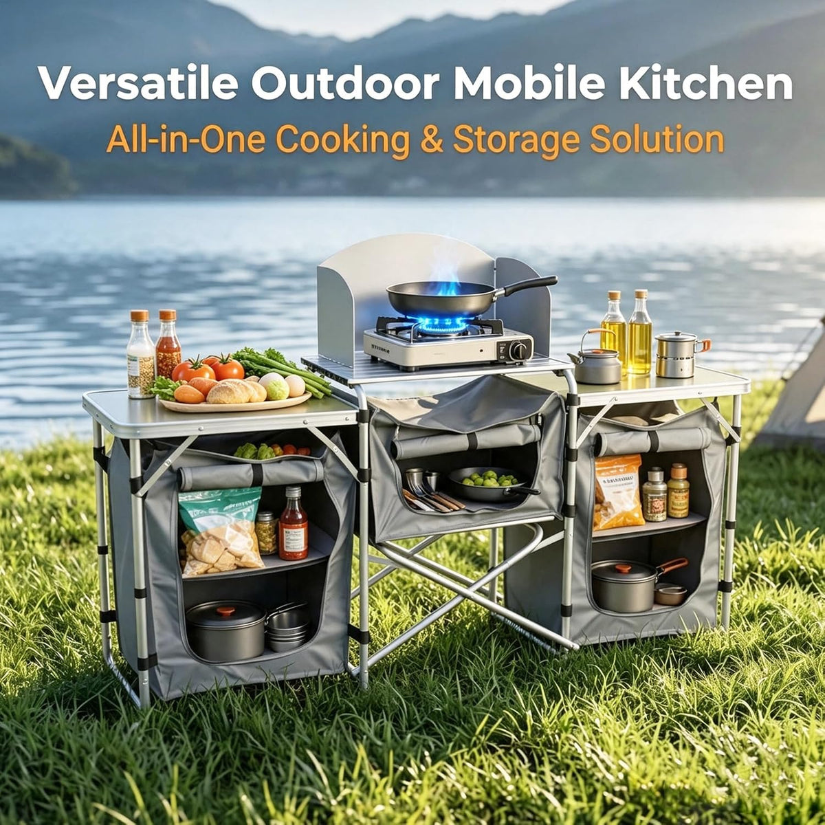 Folding Camping Kitchen Table, Outdoor Cooking Table with Storage