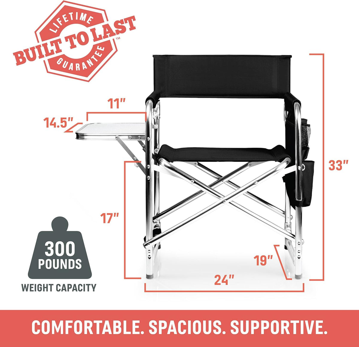 PICNIC TIME Sports Chair with Side Table and Armrest Caddy, Lightweight Aluminum Folding Outdoor Camping Chair for Adults, Portable Director Style Lawn Seating with Pockets & Strap, (Hunter Green)