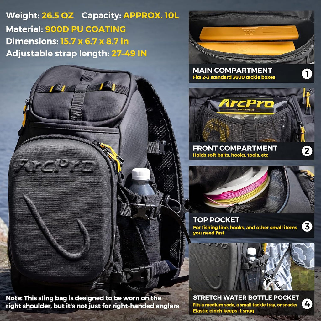Fishing Sling Pack, EVA Hardshell with Foldable Workstation, Water-Resistant Convertible Front/Back Tackle Bag for 2×3600 Trays, Saltwater Freshwater Crossbody