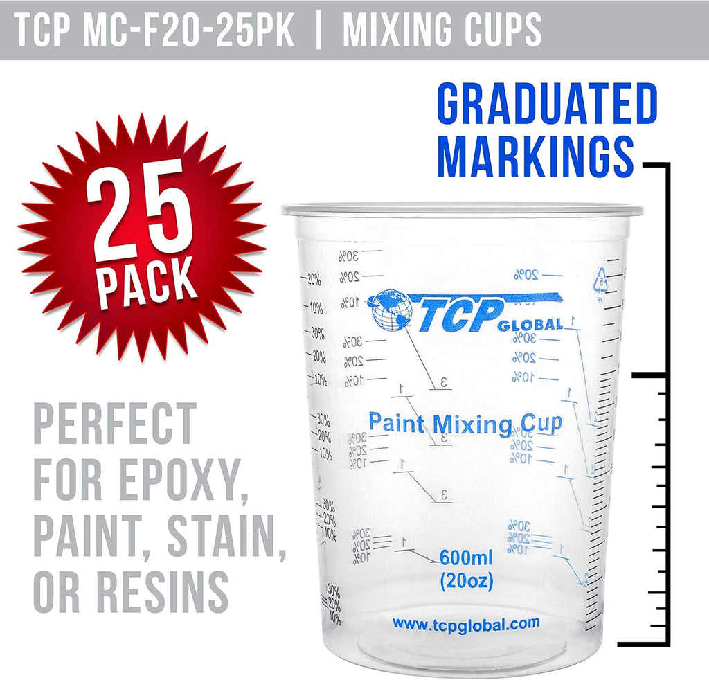 TCP Global 20 oz. (600ml) Graduated Plastic Mixing Cups - Box of 25