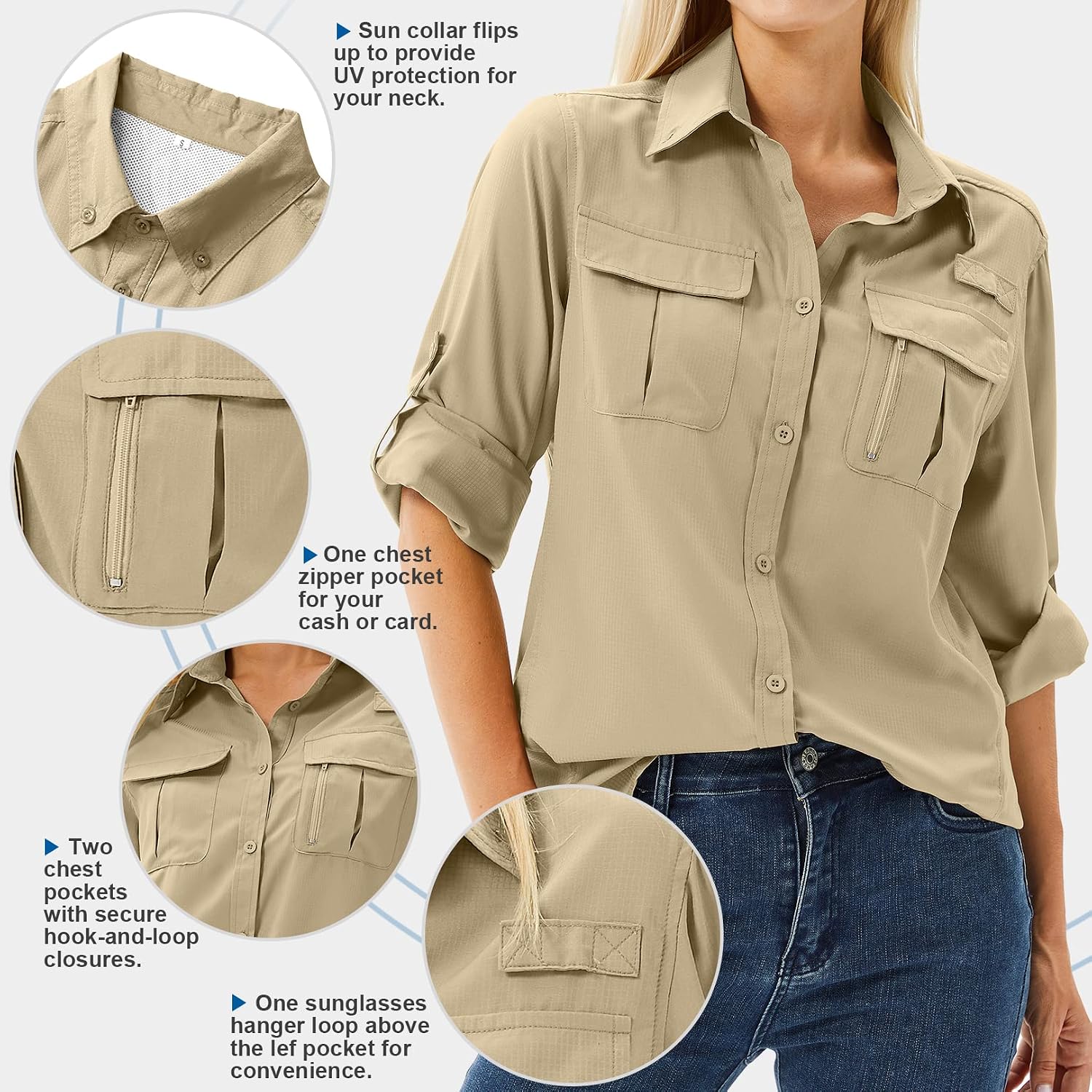 Women's UPF 50 Long Sleeve Sun Protection Safari Fish Hiking Shirts