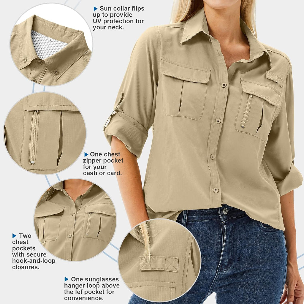 Women's UPF 50 Long Sleeve Sun Protection Safari Fish Hiking Shirts