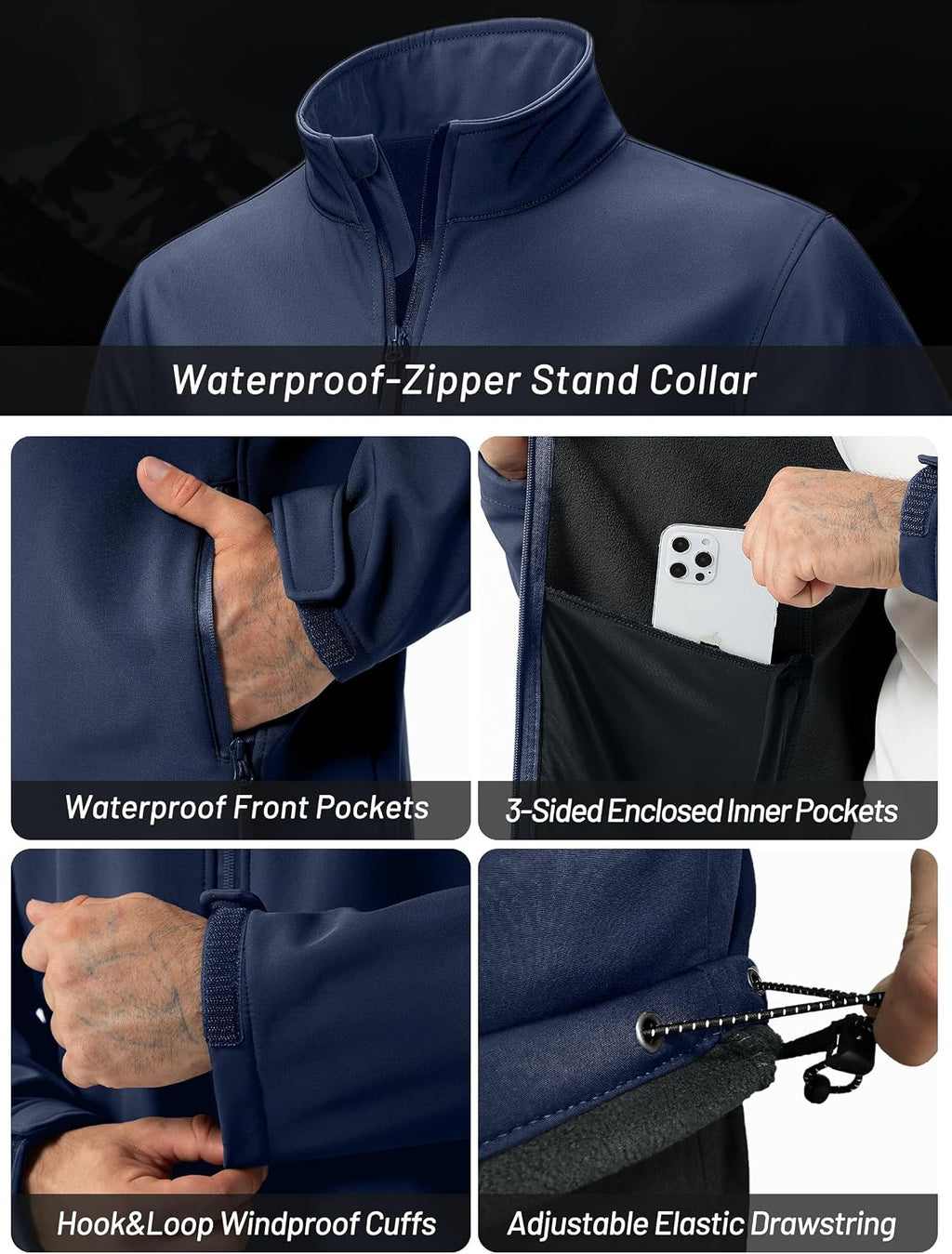 ZITY Men's Softshell Jacket Fleece Lined Lightweight Waterproof Rain Jacket Zip Up Soft Shell Windproof Windbreaker