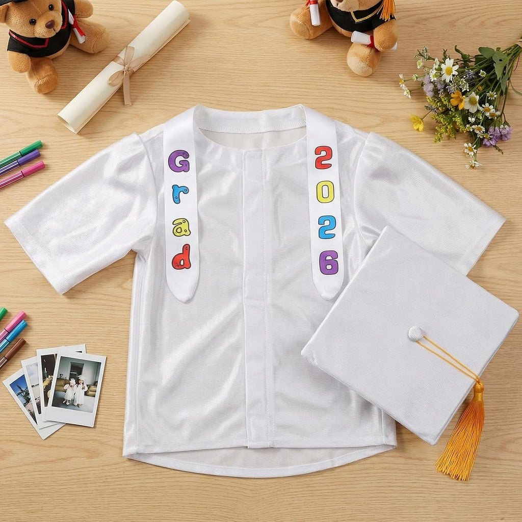 Chicingyou Small Dog Graduation Cap and Gown 2026 with Stole Washable Shirt and Hat Pet Graduation Gown Costume Outfit for Tiny Dog Little Cat Doll Clothes Holiday Halloween Costume Accessory (White)