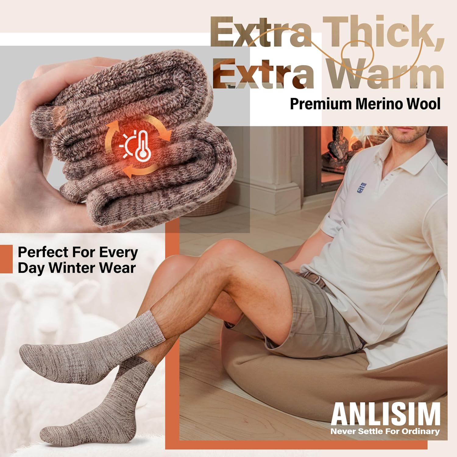 Anlisim Merino Wool Hiking Socks, Boot Crew Work Socks for Women Men