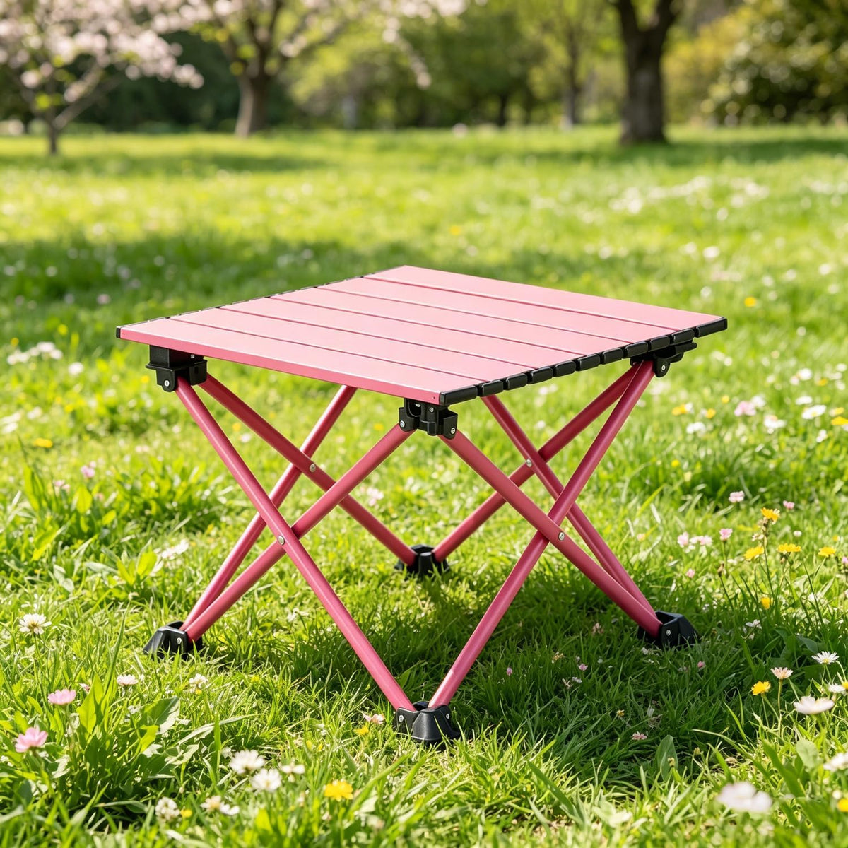 Wind Tour Roll-Up Camping Table, 4-Person Lightweight Portable Outdoor Table with Carry Bag for Picnics BBQ Travel (15.7”x13.7”x11” | Pink)