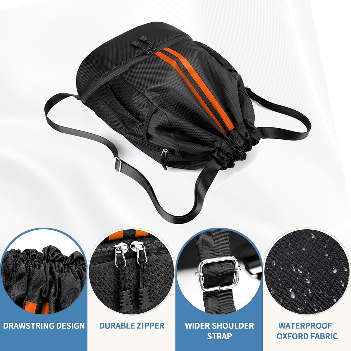JELUTAR Drawstring Backpack Gym Bag with Shoes Pocket, Black Orange