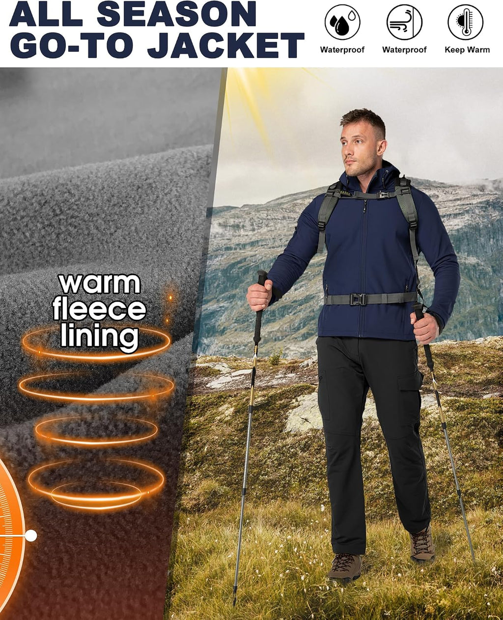 33,000ft Men's Hooded Fleece Lined Rain Shell Jacket Waterproof Lightweight