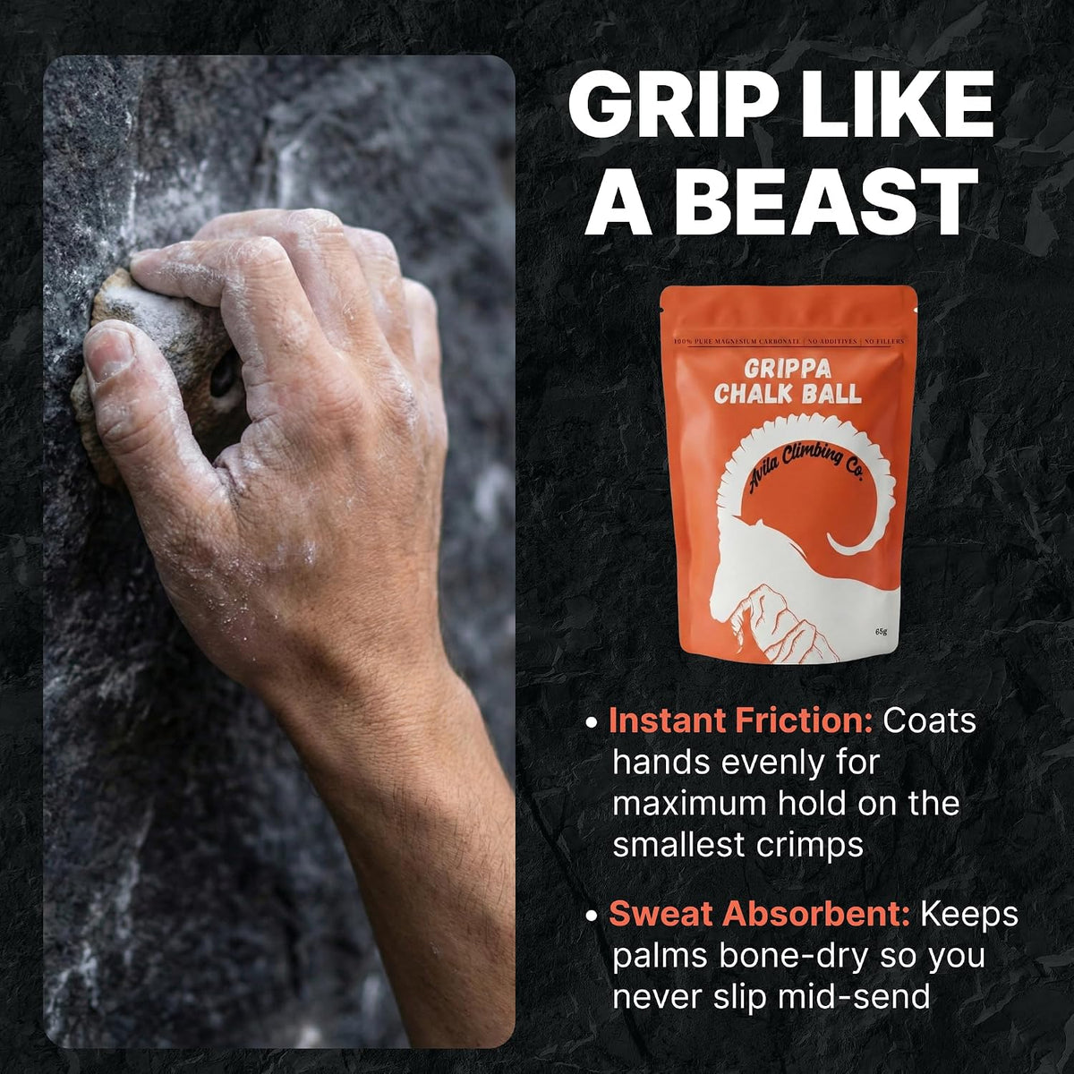 Climbing Chalk Ball, Pro Friction Gymnastics Chalk 100% Magnesium | Non-Toxic, Ultra Grip for Lifting, Rock Climbing, Gym, Weights & More! Long Lasting & Skin Friendly