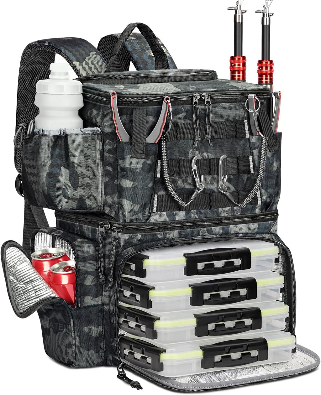 MATEIN Fishing Backpack with 4 Tackle Boxes, Fishing Bag with Rod Holder
