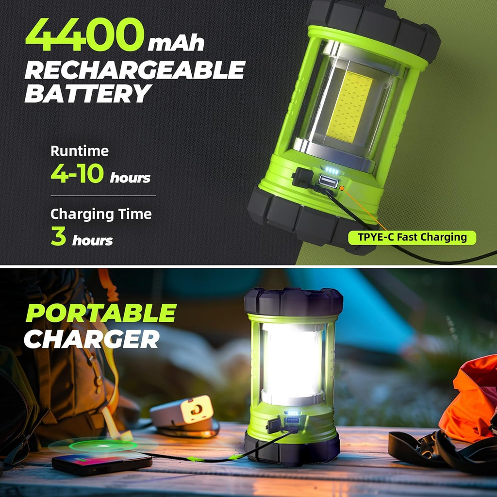 Favourlite Rechargeable Camping Lantern, 3000LM 360° LED Light for Power Outages, 4400mAh with USB-C Emergency Phone Charging, 5 Modes, Water-Resistant Tent Light with Hanging Hooks