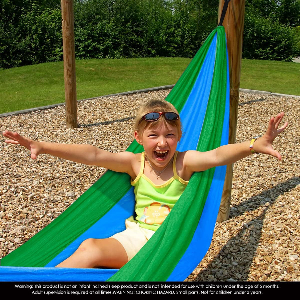 GRASSMAN Kids Hammock-Small Camping hammocks, Portable Camping Gear for Child Indoor/Outdoor use, with Tree Straps & Carabiners Blue & Green