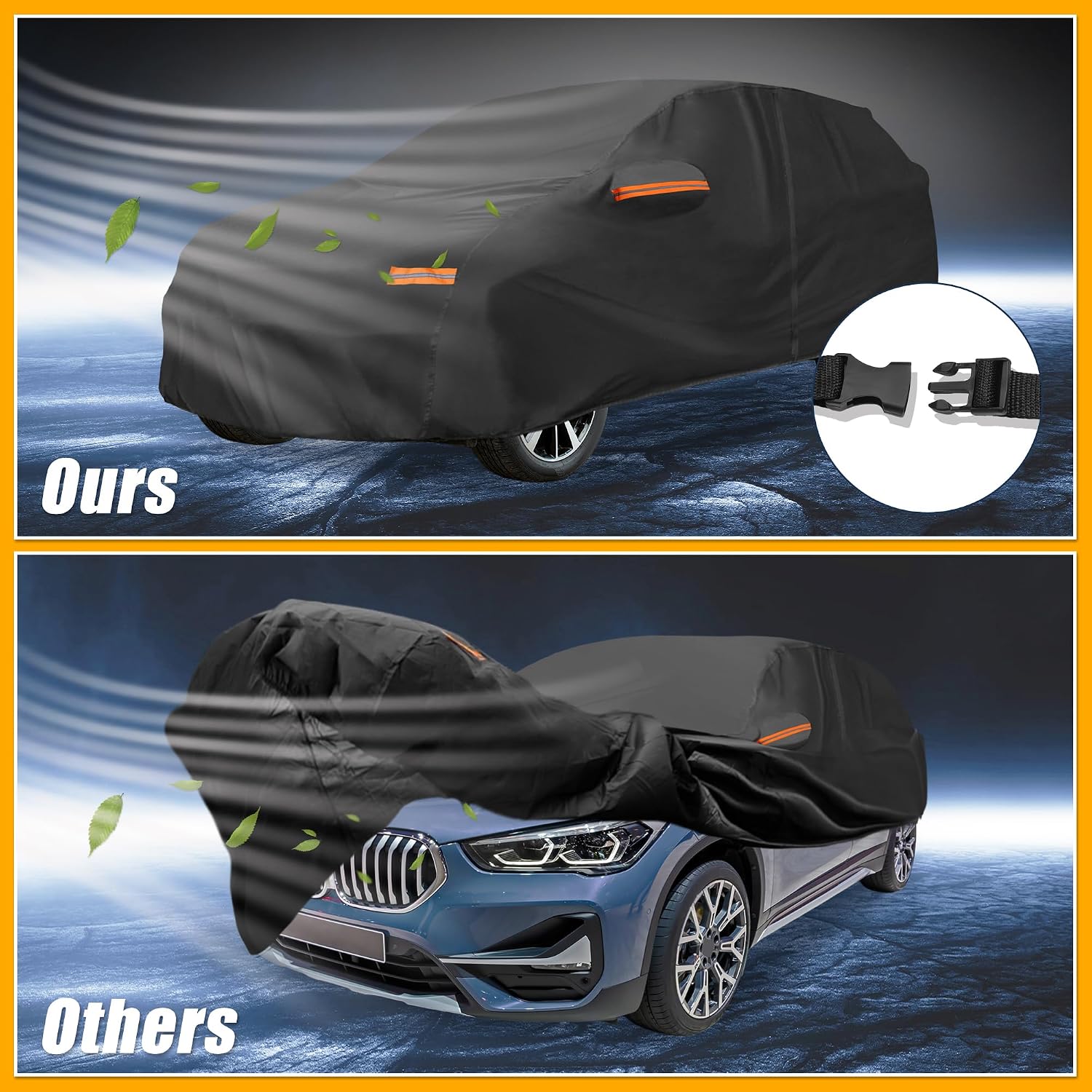 Universal Car Cover Waterproof All Weather 210D-PU, UV Sun Rain Protection, Fits for SUV Length 182"-190", with Left Side Zipper, Black