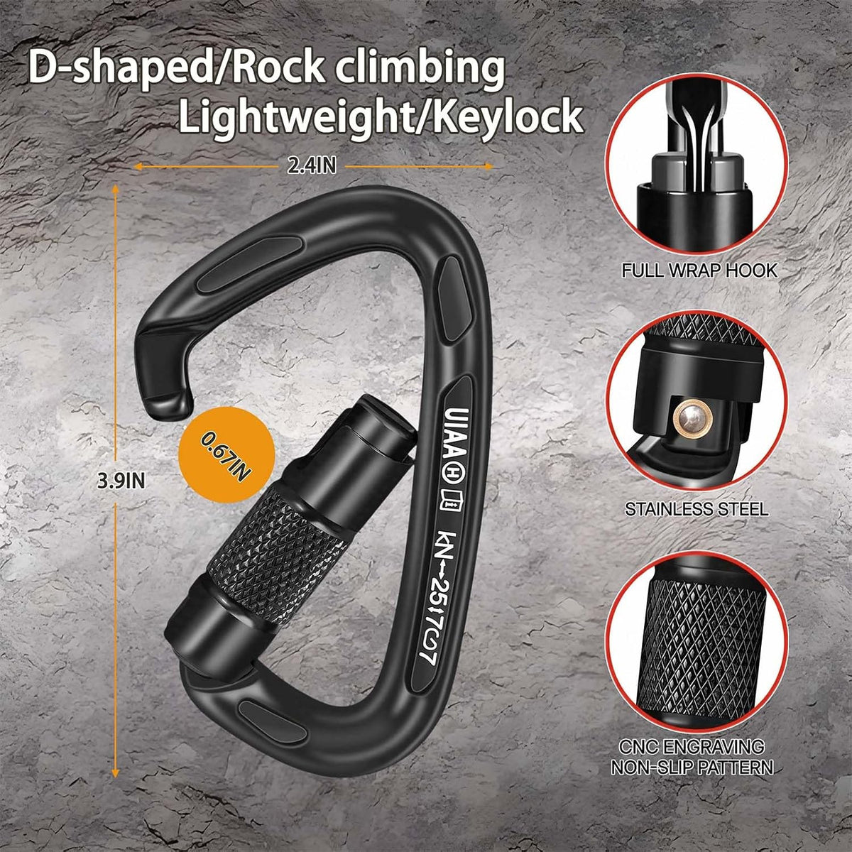 BEIFENG 25KN Auto Locking Carabiner - UIAA Certified Heavy Duty Climbing Carabiners for Rock Climbing, Camping, Rappelling, Hunting, Rescue Equipment - Professional Carabiner Clips (Black)