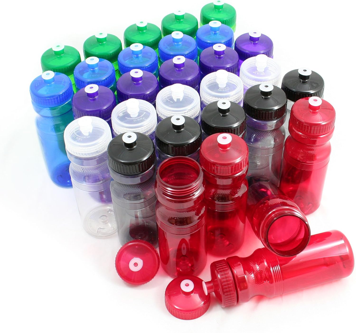 Rolling Sands Reusable Bulk Water Bottles 30 Pack - 24 Oz Sports Water Bottles, USA Made, BPA-Free, Wide Mouth for Easy Cleaning, Break Resistant - Translucent Variety Bottle/Variety Lid
