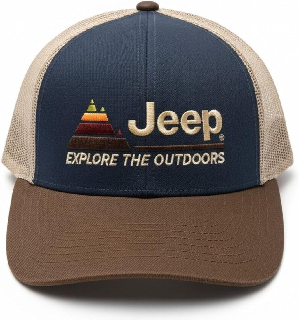 Jeep Explore The Outdoors Trucker Hat – Embroidered Logo, Snapback Closure, Mesh Back