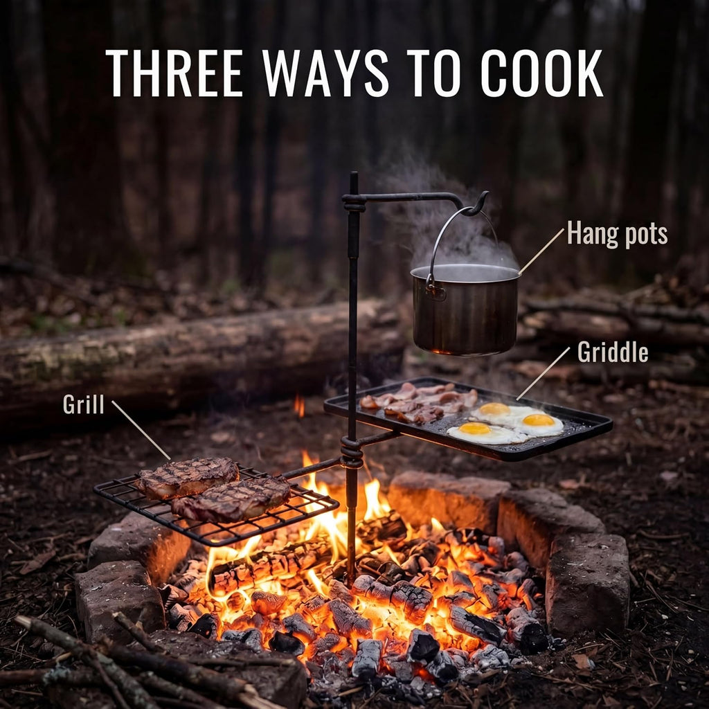 BattlBox Swivel Grill Set, Bushcraft Steel Campfire Camping Cooking Grate