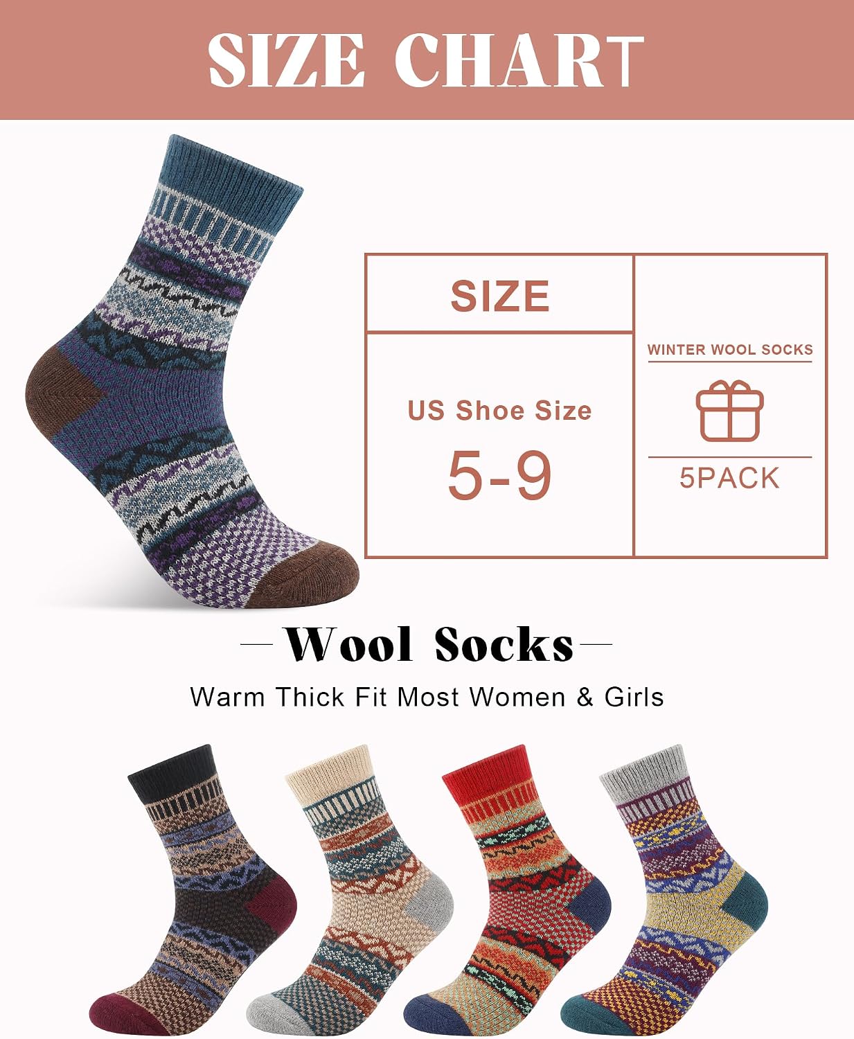 Senker Fashion Wool Socks for Women, 5 Pairs Winter Warm Crew Boot Socks