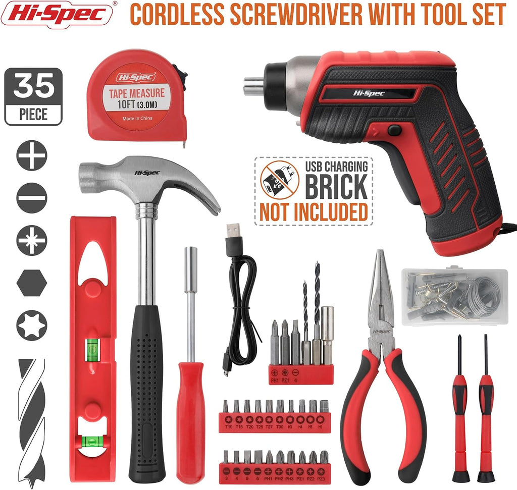 Hi-Spec 3.6V USB Electric Screwdriver for Home Repairs and Assembly, Red