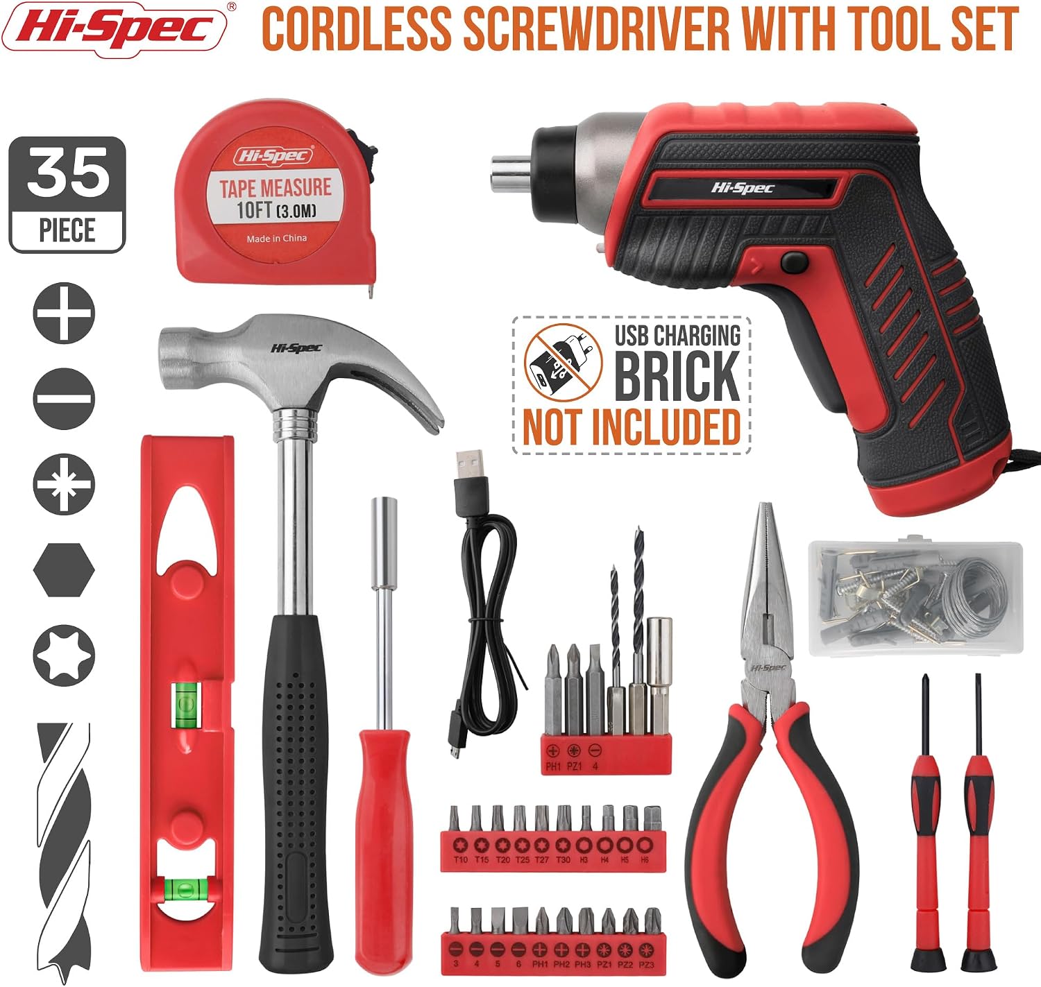 Hi-Spec 3.6V USB Electric Screwdriver for Home Repairs and Assembly, Red