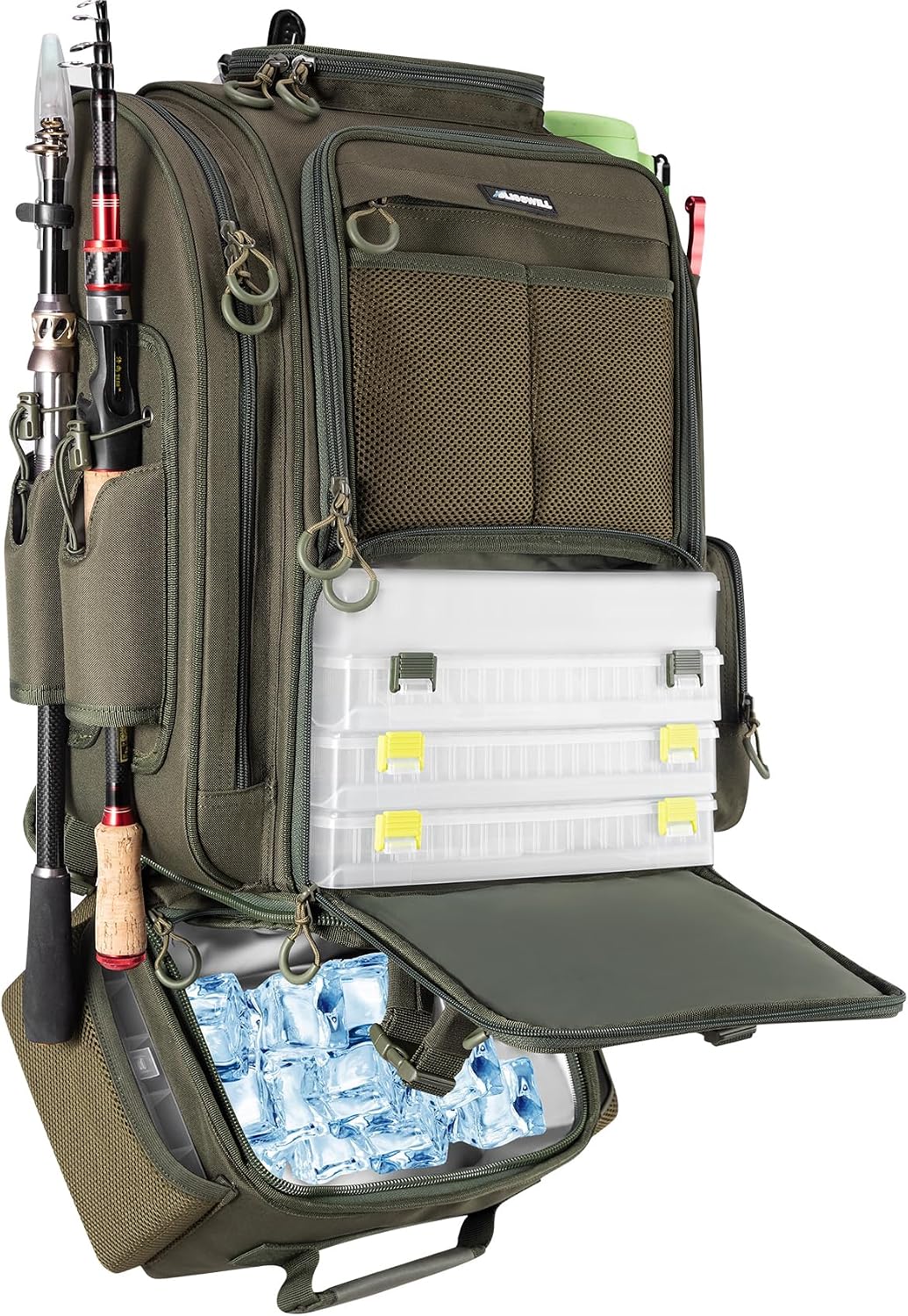 Fishing Backpack with Cooler for 3 Tackle Boxes Fishing Bag with Rod Holder