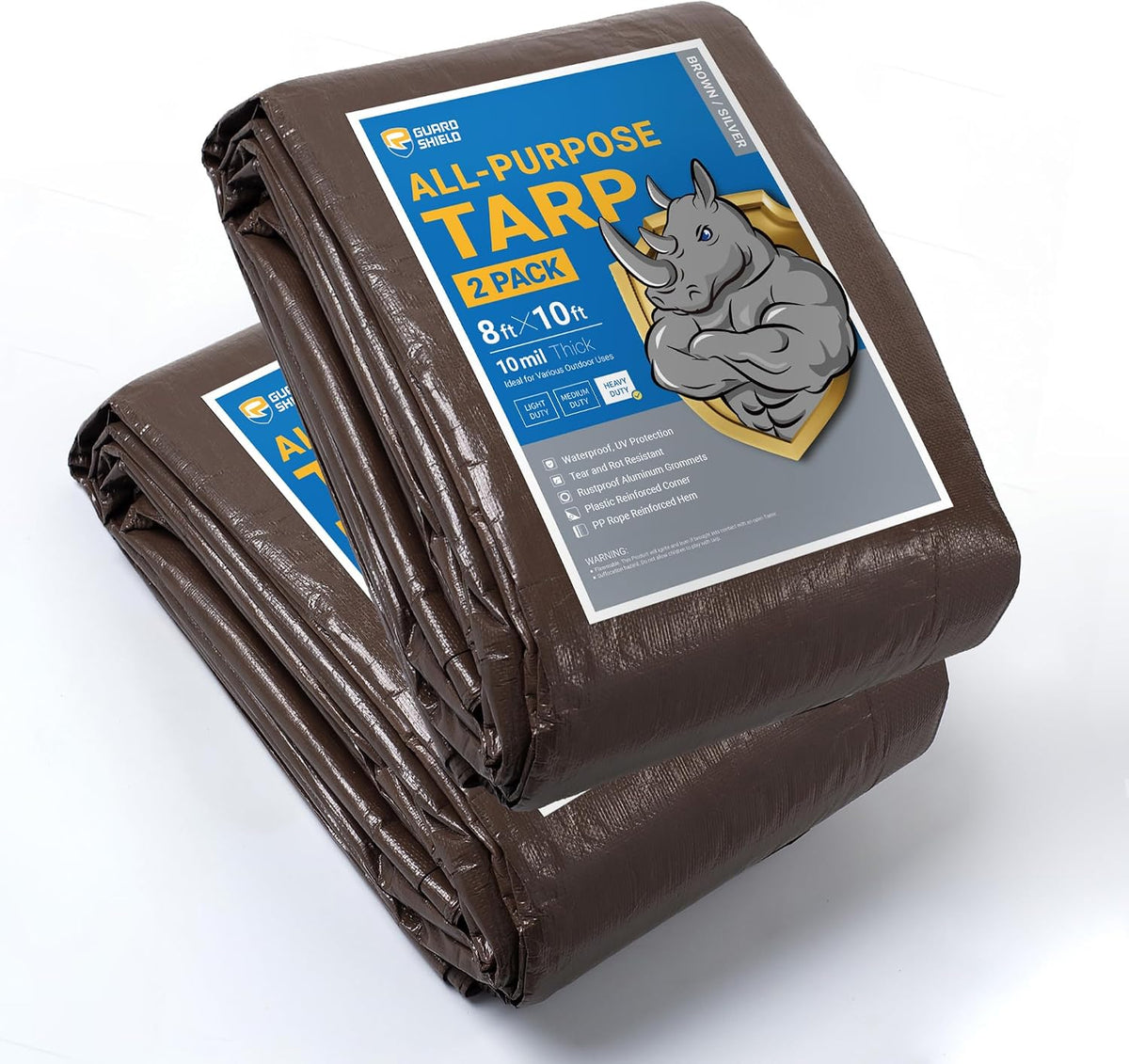 GUARD SHIELD Tarps Heavy Duty Waterproof 8x10 Feet Brown/Silver Poly Tarp Cover Outdoor Thick UV Resistant Tarpaulin with Grommets 10mil (2-Pack)