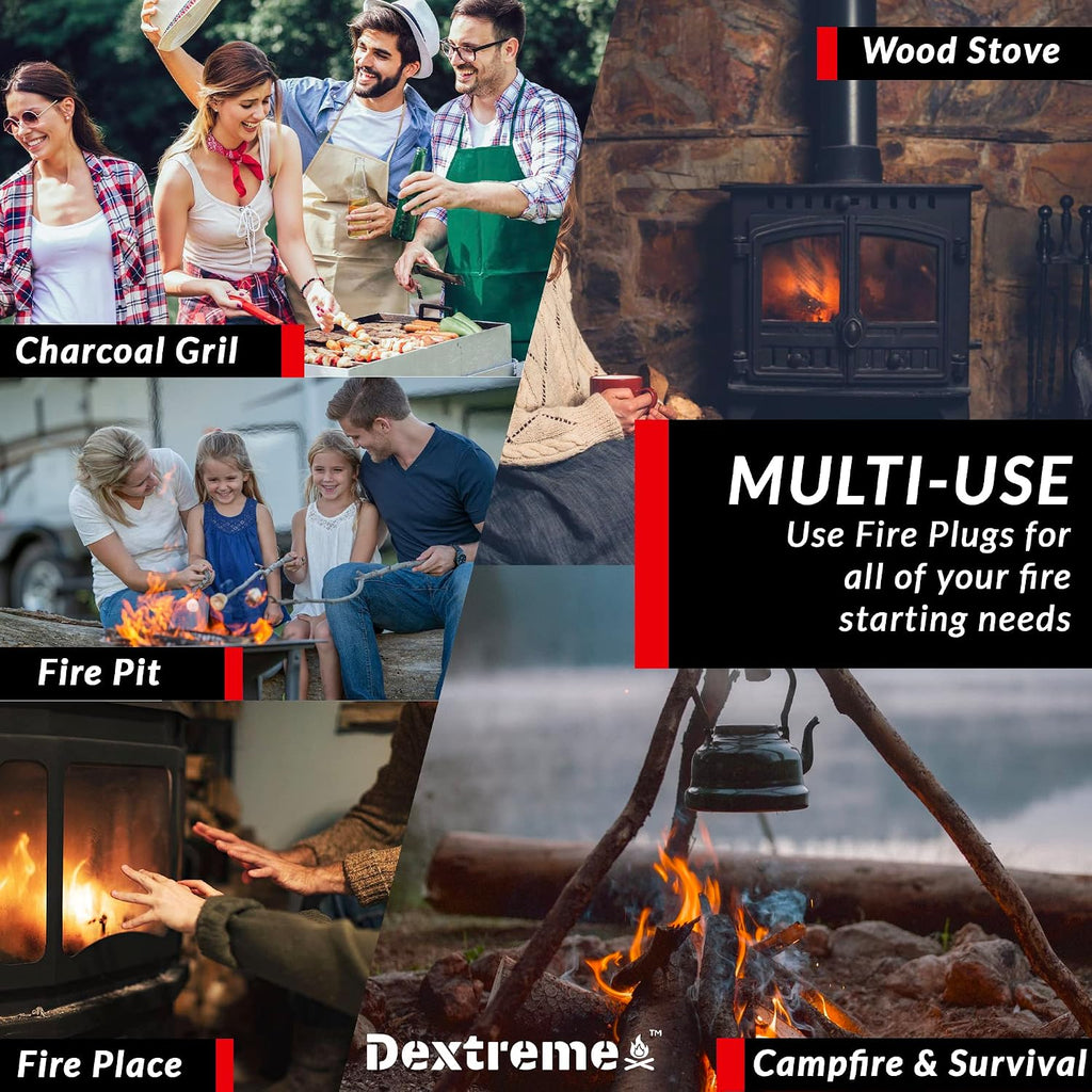 Dextreme Fire Plugs Waterproof Fire Starter for Campfires, Emergencies, Survival, Fire Pits, Grills | 5+ Minute Burn | All Natural | Made in North America