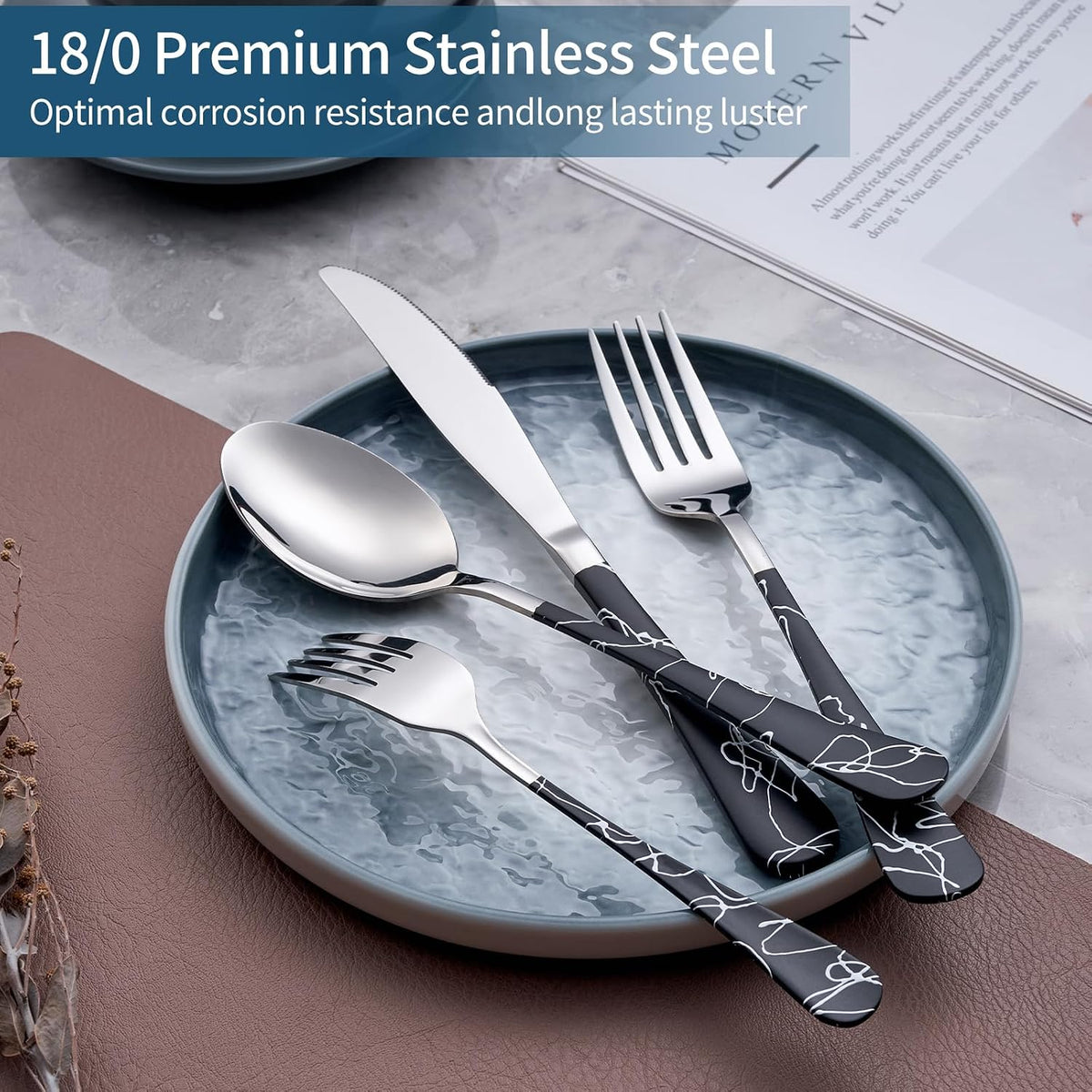 20-Piece Black cracks Silverware Set 18/0 Stainless Steel Silverware Set Yellow Handle Cutlery Black Set Service for 4 Dinner Knives Forks Spoons Set Flatware Set Finish Dishwasher Safe