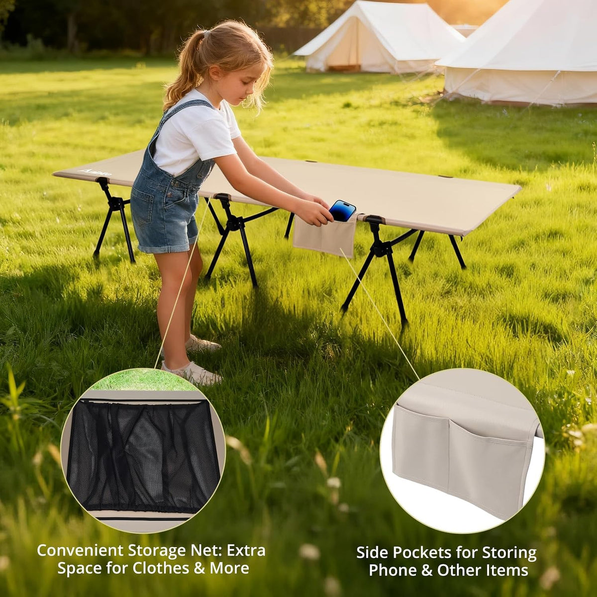 Anbte Height Adjustable Camping Cot, 400 lb Capacity, Portable for 1 Person