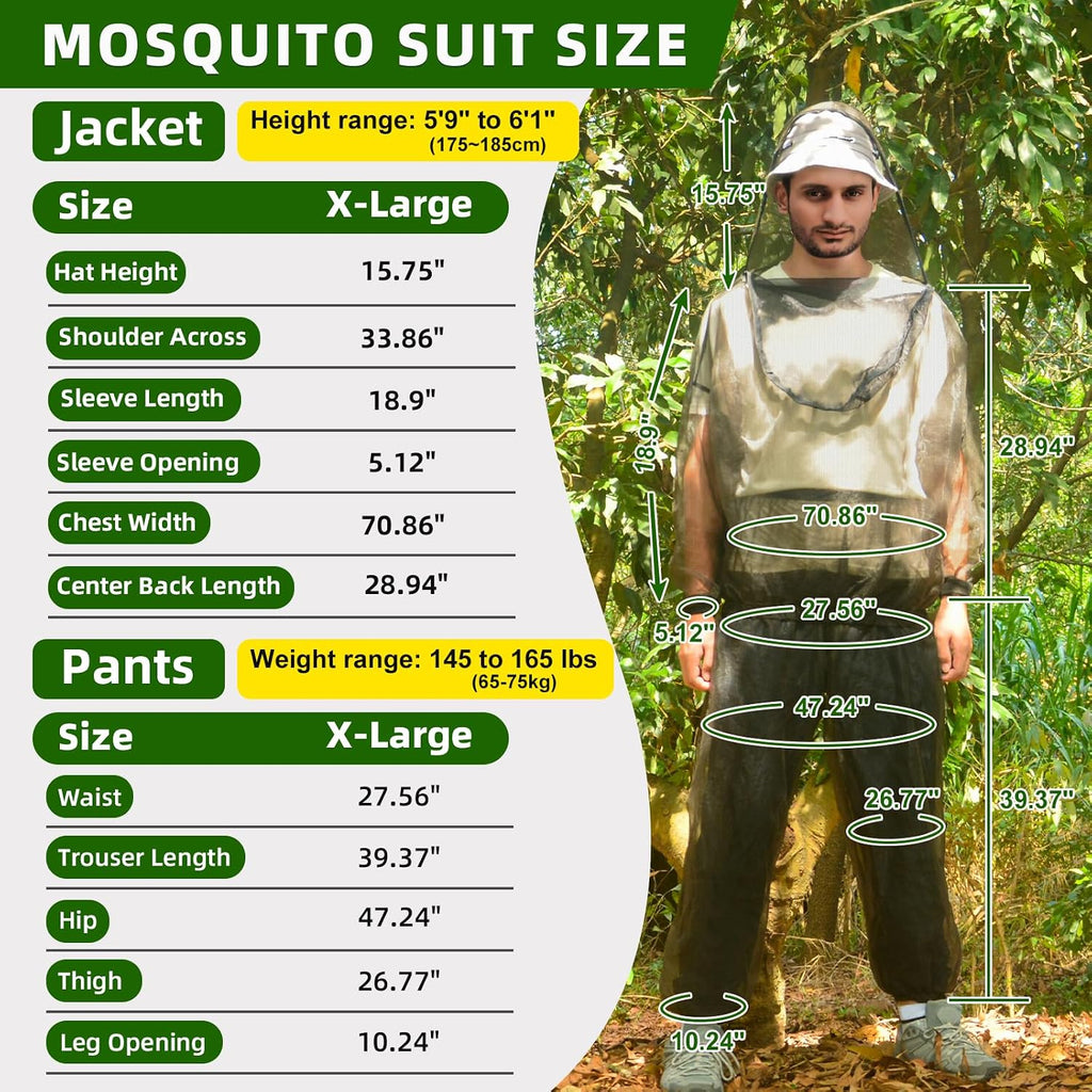 Mosquito Suit XL, Bug Net Pants & Jacket with Hood, Full Body Protection