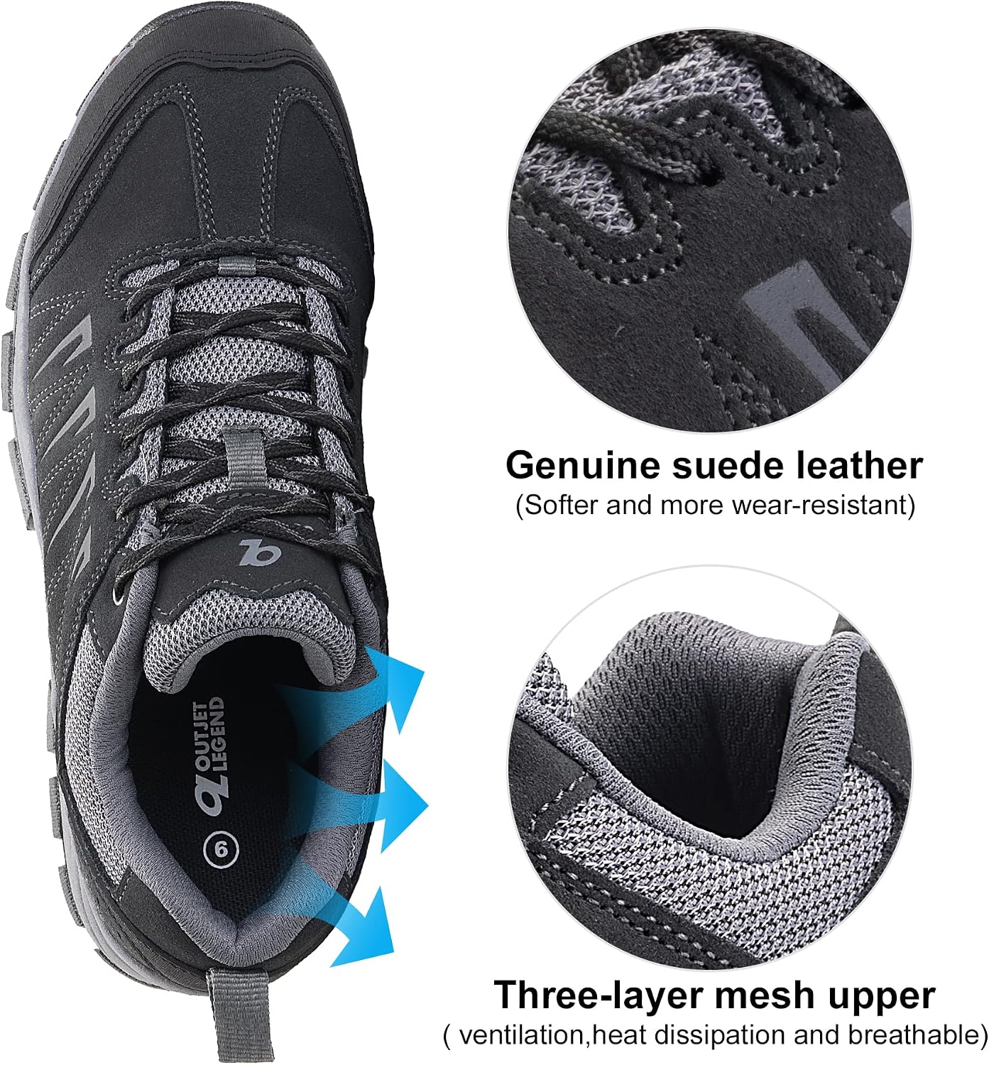 OL OUTJET LEGEND Men's Waterproof Hiking Shoes Leather Comfortable Lightweight Anti-Slip Outdoor Walking Work Sneakers