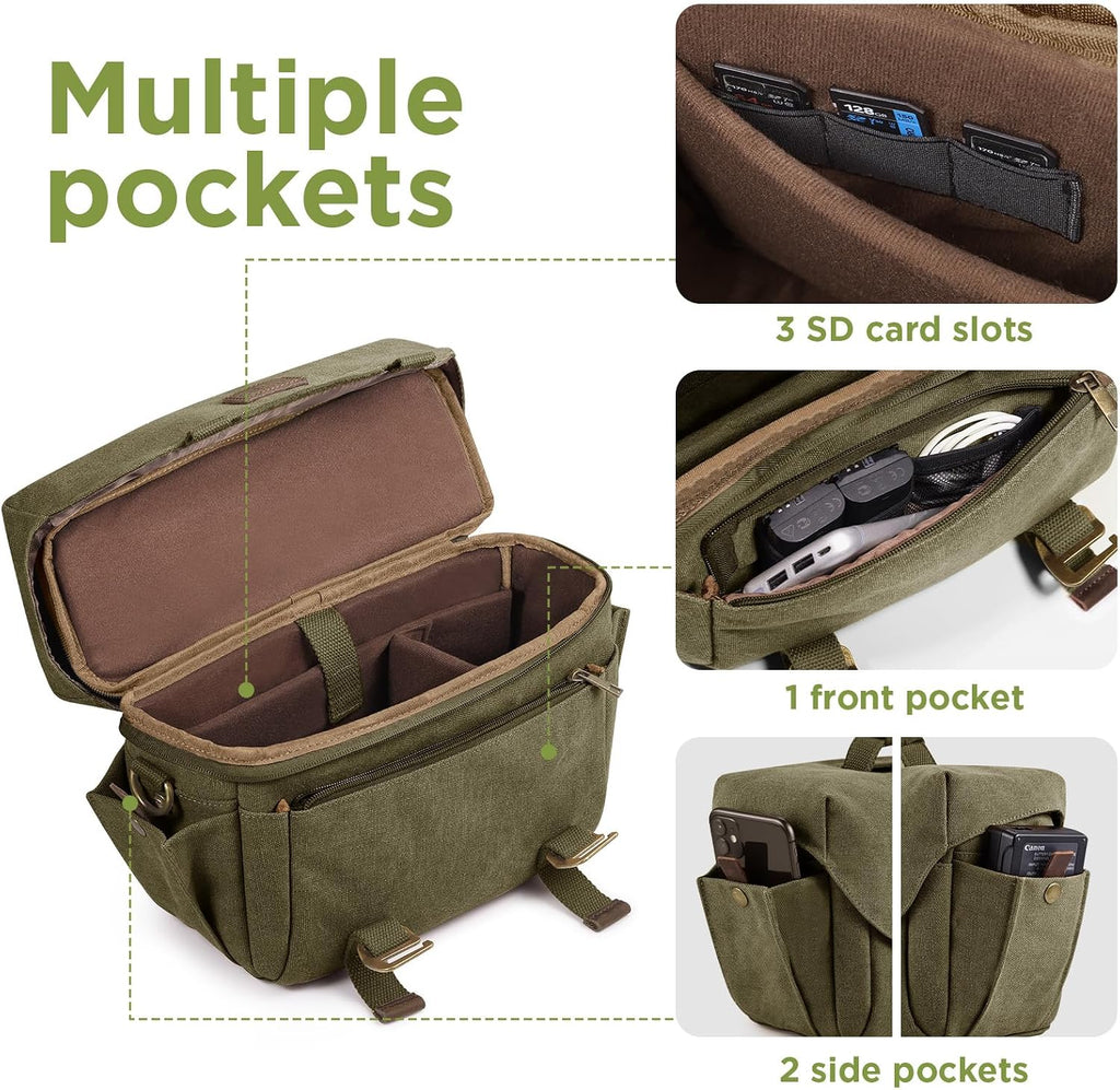 SMRITI Canvas DSLR Camera Bag, Camera Messenger Bag for Photographers,Travel Waterproof Shoulder Camera Case for Men Women (Green)