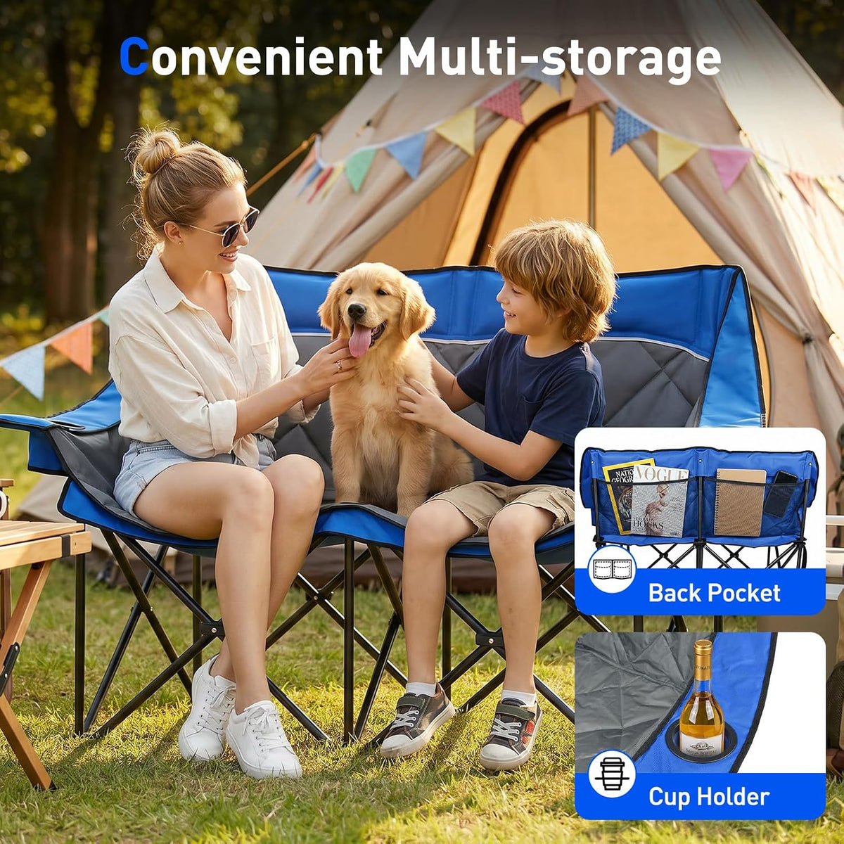 Double Camping Chair, Heavy Duty Folding Loveseat Camping Chairs, Blue