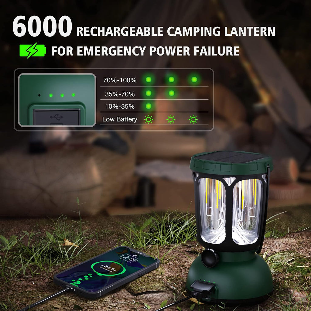 Raynic 6000 LED Camping Lantern, 650LM Hand Crank Solar Battery Powered Rechargeable Lantern, Emergency Lights for Home Power Failure, Hurricane, USB Cable Included