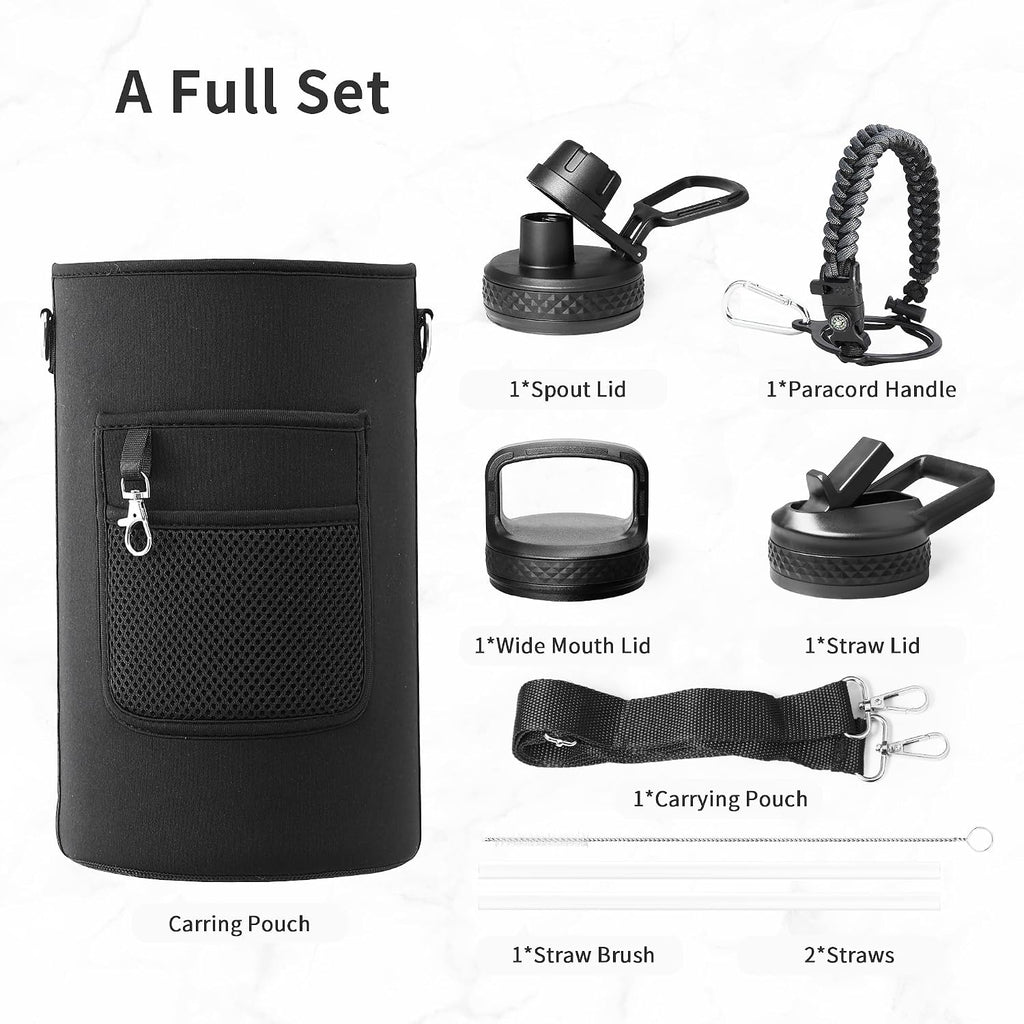 Trebo One Gallon Water Bottle Insulated with 3 Lids, Paracord Handle & Bag