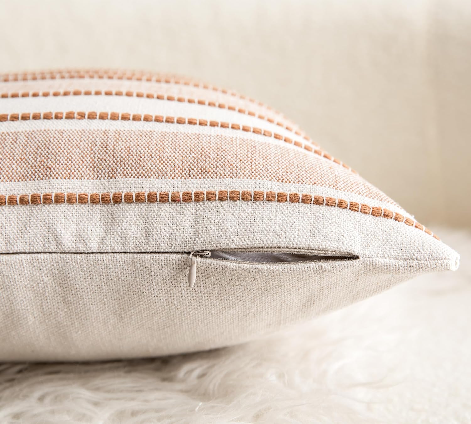 Cethom Decorative Boho Throw Pillow Covers, Farmhouse Textured Pillow Case, 18 x 18 Inch Set of 2, Chair Sofa Bedroom Living Room Home Decor Couch Cushion Case, Brown and Beige Striped