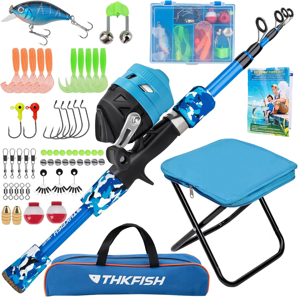 Kids Fishing Pole Set, Telescopic Fishing Rod Reel Combo Kids Starter Kit with Lures Tackle Box, Foldable Stool and Portable Bag for Boys Girls Younth