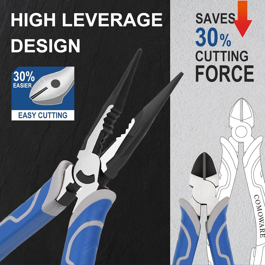 COMOWARE 7Pcs Pliers Set, Mechanic Plier with Rolling Pouch, 10", 8" Groove Joint Pliers, 8" Adjustable Wrench, 8" Linesman, 6" Long Needle Nose, 6" Slip Joint, 6" Diagonal, Roll-Up Pouch Organizer