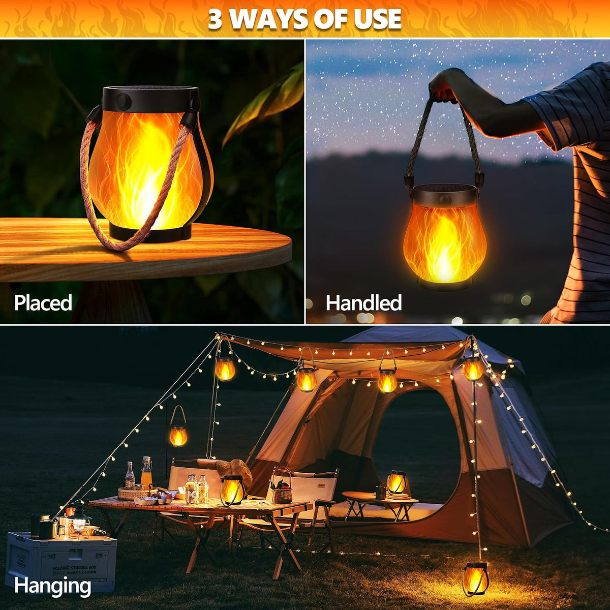 iBaycon 2 Pack Gen2 Solar Lantern Lights USB Ultra-Real Flame, Warm White