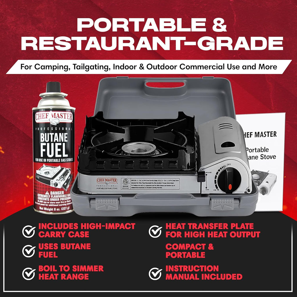 Chef Master Butane Camping Stove + 4x 8 oz Fuel, Backpacking, 15,000 BTU