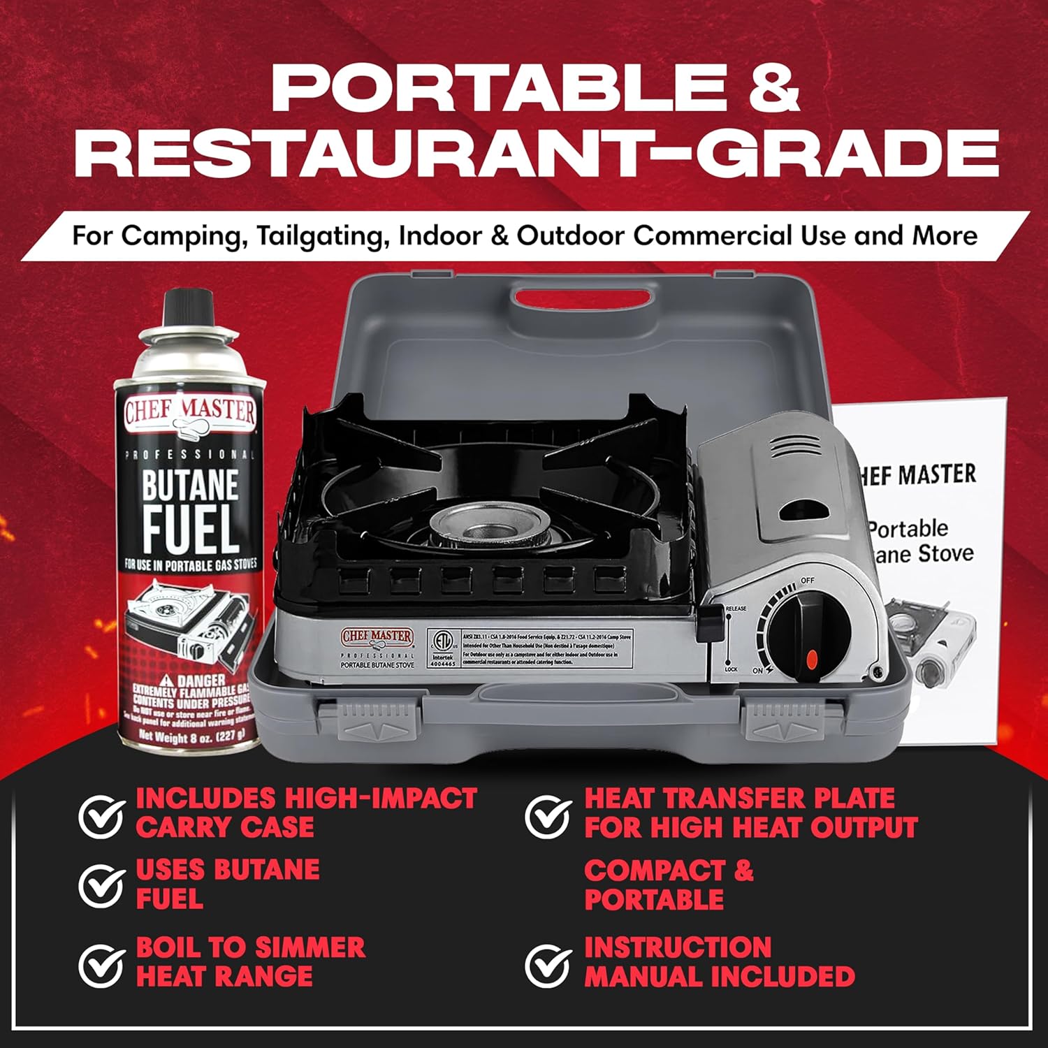 Chef Master Butane Camping Stove + 4x 8 oz Fuel, Backpacking, 15,000 BTU