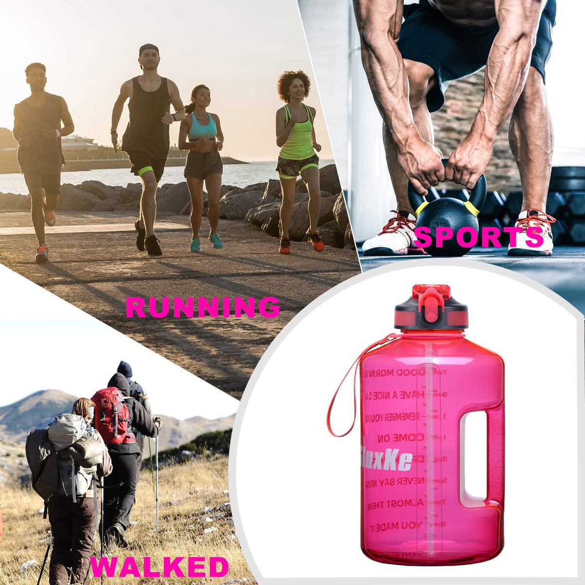 SLUXKE 1 Gallon Water Bottle with Time Marker and Straw, BPA Free 128oz Leak Proof Motivational Large Water Bottle Jug with Handle, Pop Up Open Sports Big Bottle Jug with Comfortable Silicone Nozzle