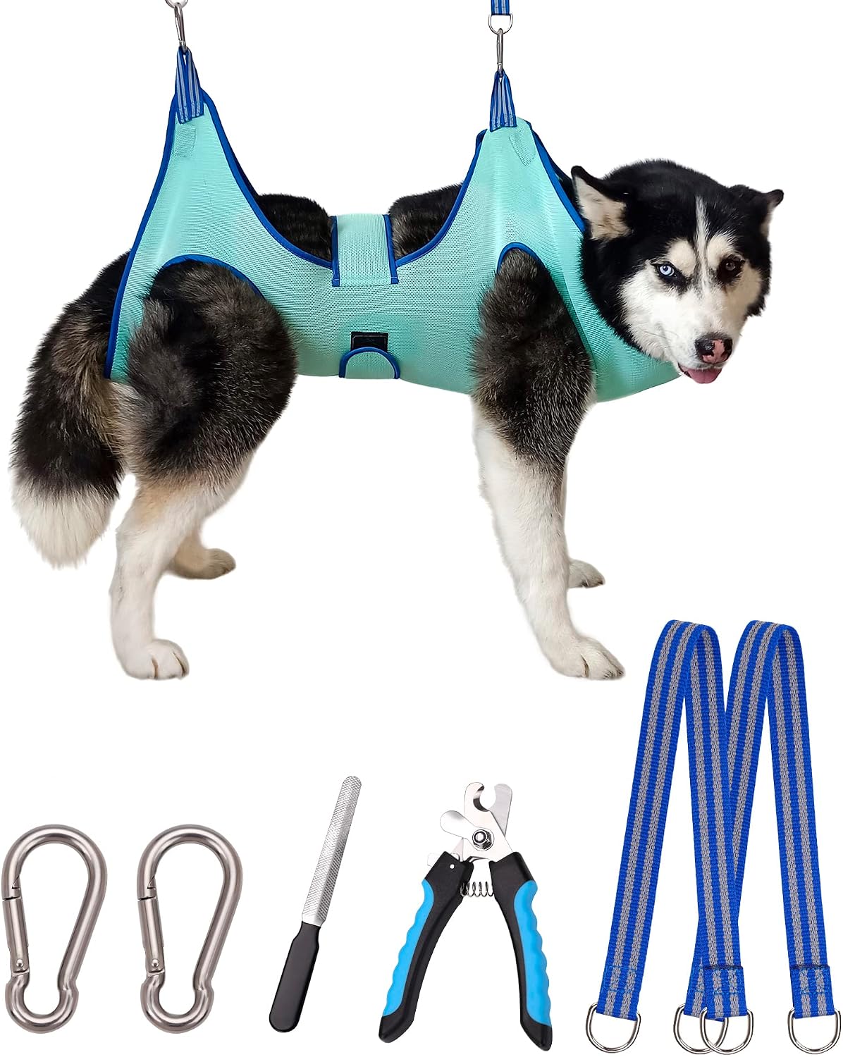 Kkiimatt Dog Grooming Hammock Harness, Hanging Harness Holder for Nail Clipping, Nail Trimming Hammock with Wide Strap, Grooming Sling Hanger Restraint Bag for Claw Care (XX-Large 65 LB Max/Turquoise)