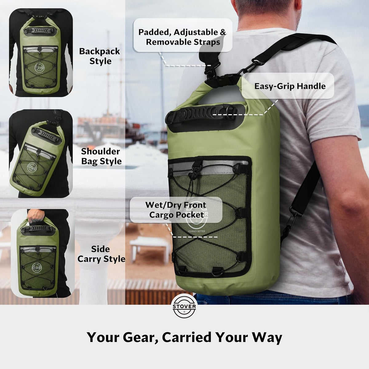 STOVER 5/10/25/30/40L Waterproof Dry Backpack & Phone Case- Large Floating Dry Bag for Kayaking, Travel, Hiking, Fishing, Camping, Motorcycles & Beach, Heavy-Duty Roll Top Men/Women (Green)