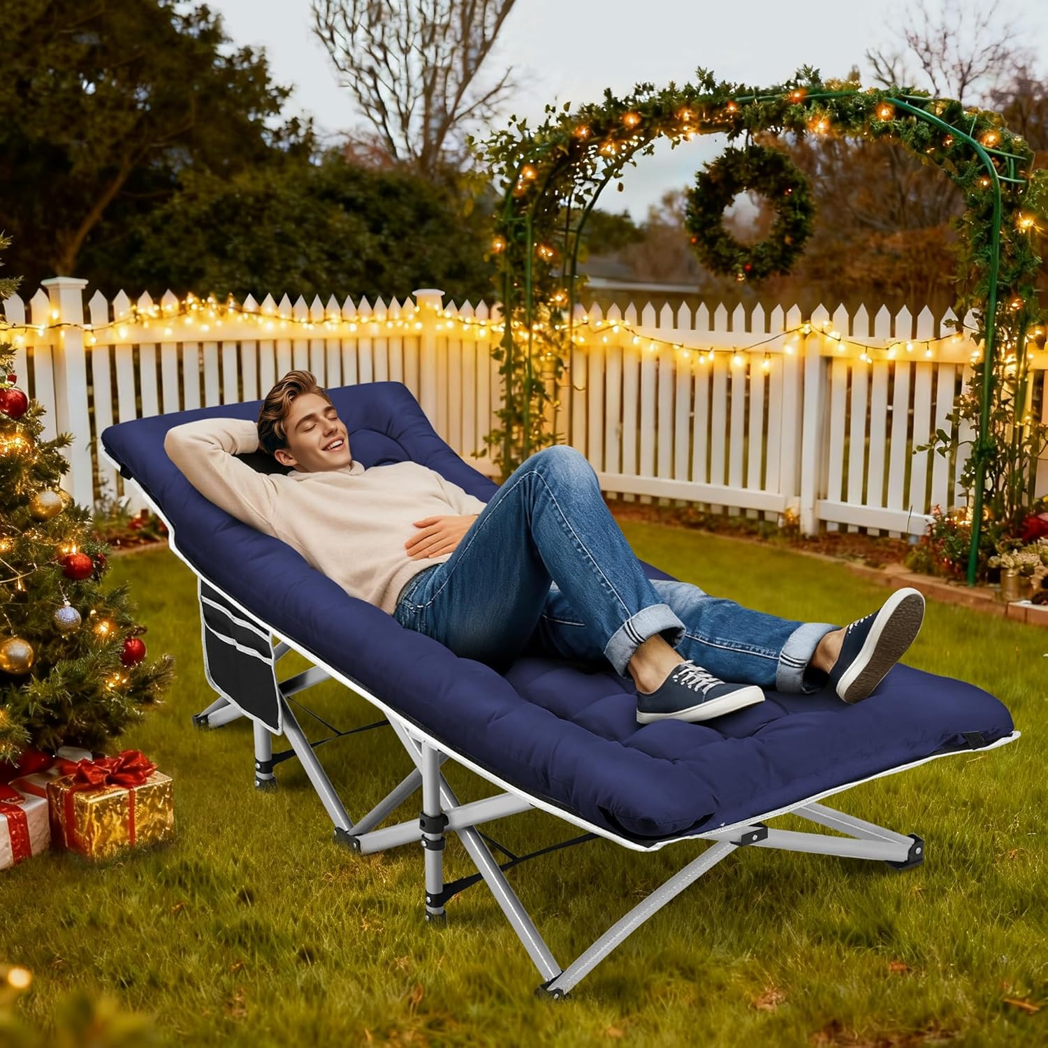 Fragess Portable Camping Cot, Sleeping Cot for Adult, 28" Extra Wide Heavy Duty Folding Cot Max Load 600LBS with Thick Mattress, Portable Camping Bed for Camp Outdoor/Office, Home Nap (Blue)