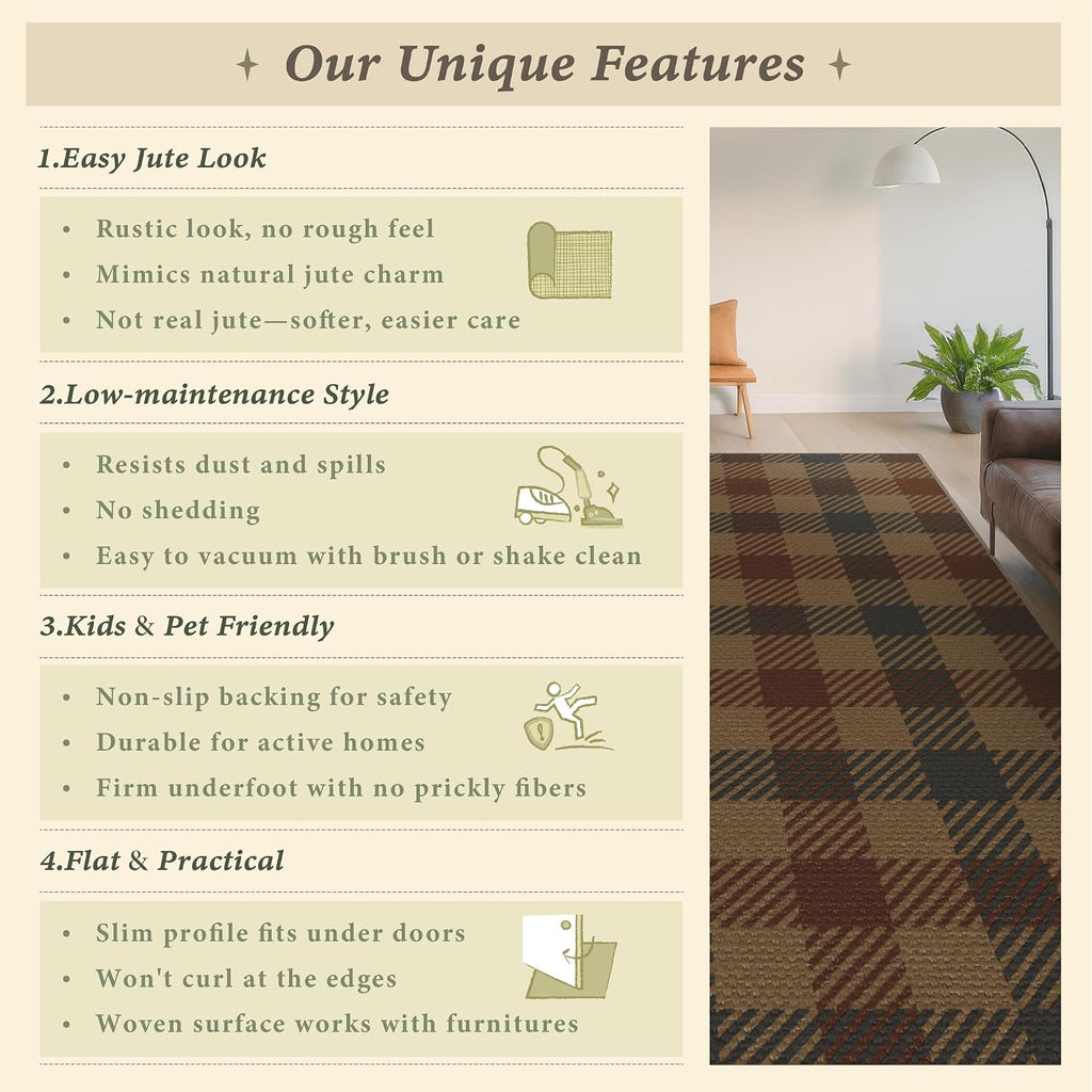 JTJ Easy Jute 3x5 Outdoor Rug, Black & Brown Plaid, Washable