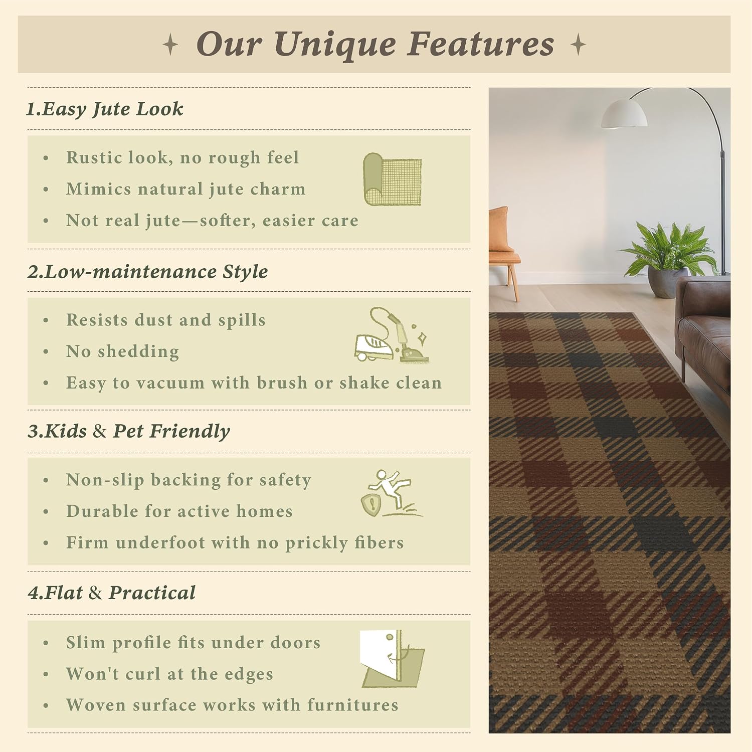 JTJ Easy Jute 3x5 Outdoor Rug, Black & Brown Plaid, Washable