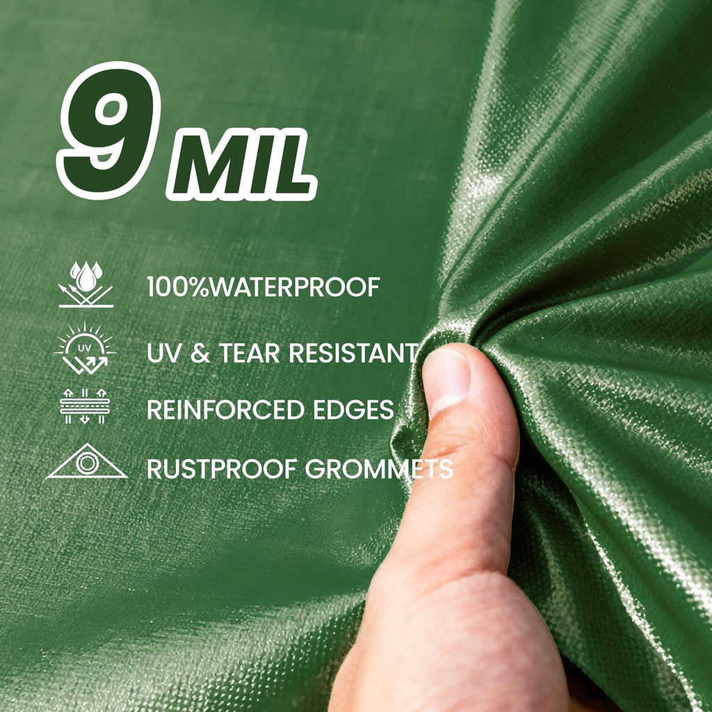 Thick Camping Tarp 12' x 20' 9-mil Shelter Waterproof Tarps for Boat Pool Green
