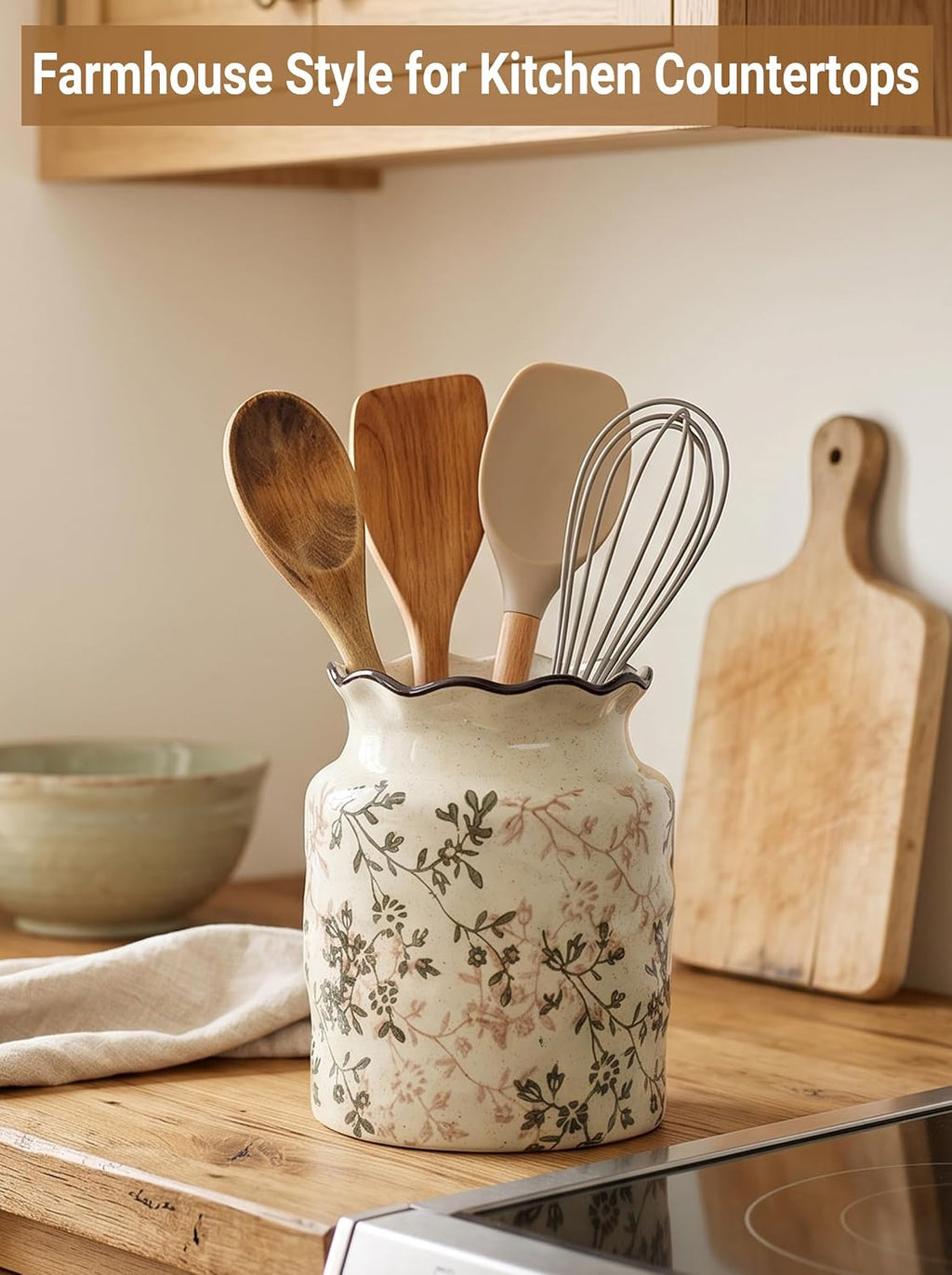 Ceramic Utensil Holder for Kitchen Counter, Vintage Floral Farmhouse Décor