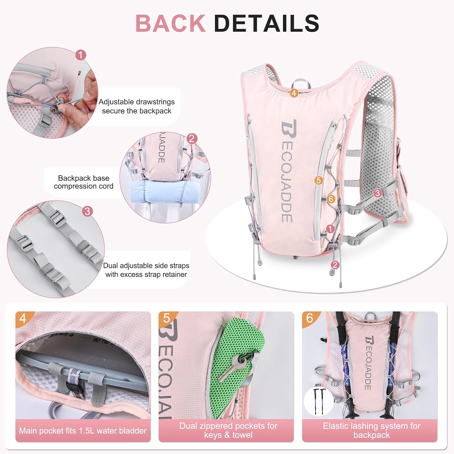 BECOJADDE Running Vest for Women Men, 5L/6L Lightweight Hydration Backpack Running Pack for Marathon, Trail, Cycling, Hiking, Jogging
